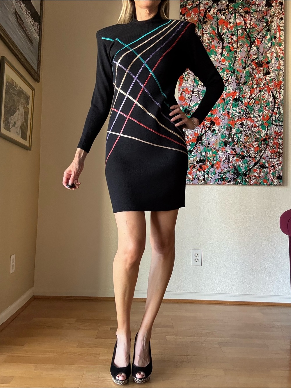 St. John Vintage Evening Black Mini Dress with Multicolor Metallic Stripes